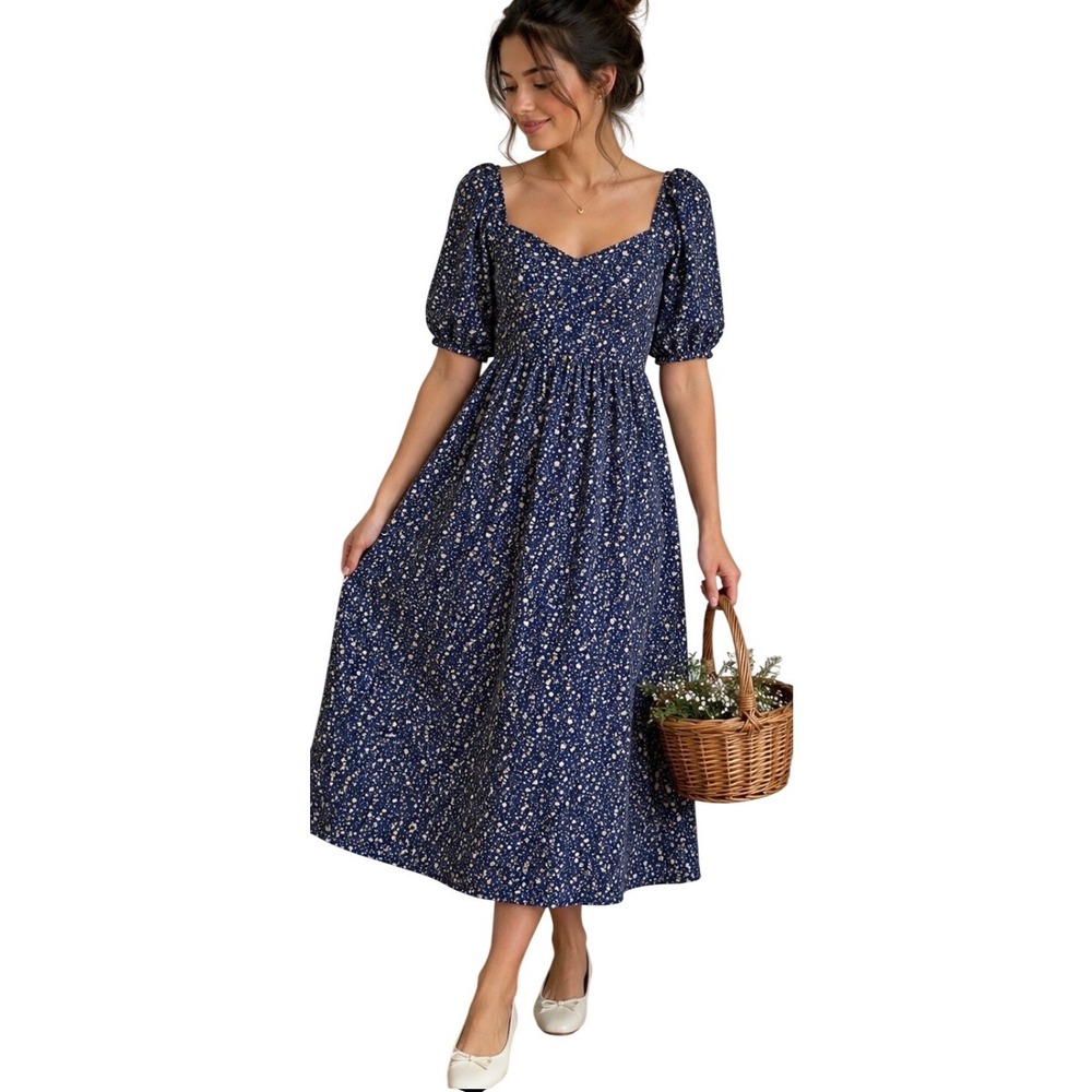 Threadgrit Womens Cottagecore Milkmaid Midi Dress Blue Floral Puff Sleeve Sz L